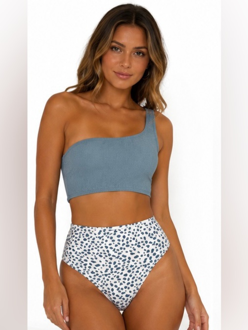 OnePiece small One-Shoulder Blue Ribbed BikiniTop w Speckled High-Waist Bottom